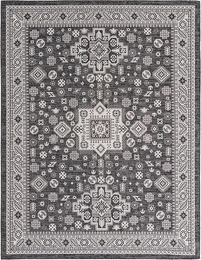 Rugs.com Outdoor Aztec Collection Rug – 10' x 13' Charcoal Gray Flatweave Rug Perfect for Living Rooms, Large Dining Rooms, Open Floorplans
