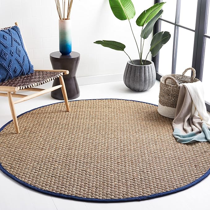 SAFAVIEH Area Rug 8' Round - Natural Fiber Collection - Large - Natural & Blue, Seagrass, Basketweave Pattern with Border (NF114E)