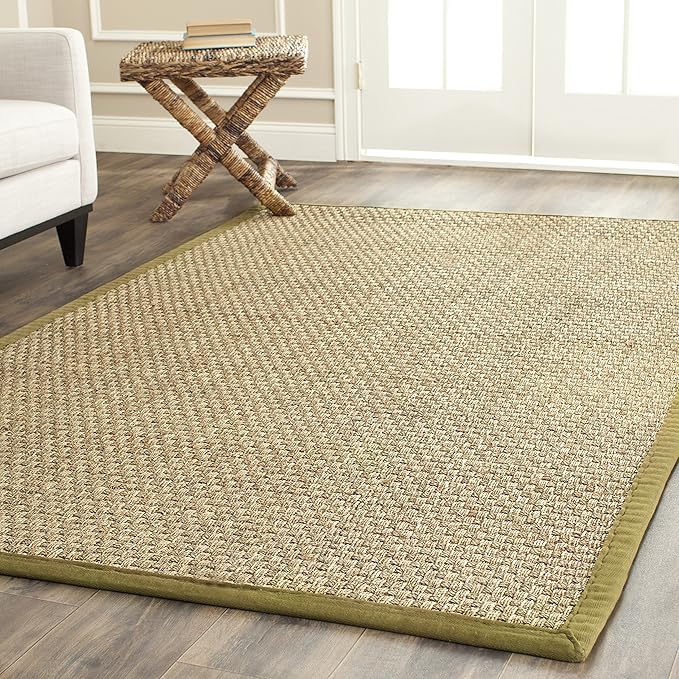 SAFAVIEH Area Rug 8' Square - Natural Fiber Collection - Natural & Olive Green, Seagrass, Basketweave Pattern with Border (NF114G)