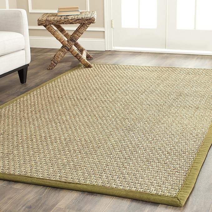 SAFAVIEH Area Rug 8x10 - Natural Fiber Collection - Large - Natural & Olive Green, Seagrass, Basketweave Pattern (NF114G)