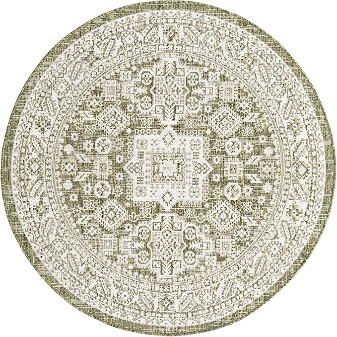 Rugs.com Outdoor Aztec Collection Rug – 5 Ft Round Green Flatweave Rug Perfect for Kitchens, Dining Rooms