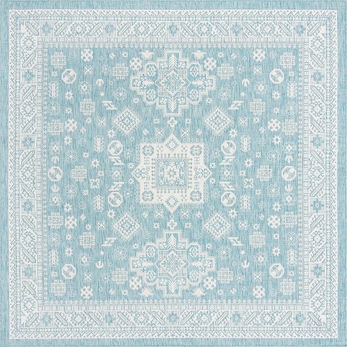 Rugs.com Outdoor Aztec Collection Rug – 10 Ft Square Aqua Flatweave Rug Perfect for Living Rooms, Kitchens, Entryways