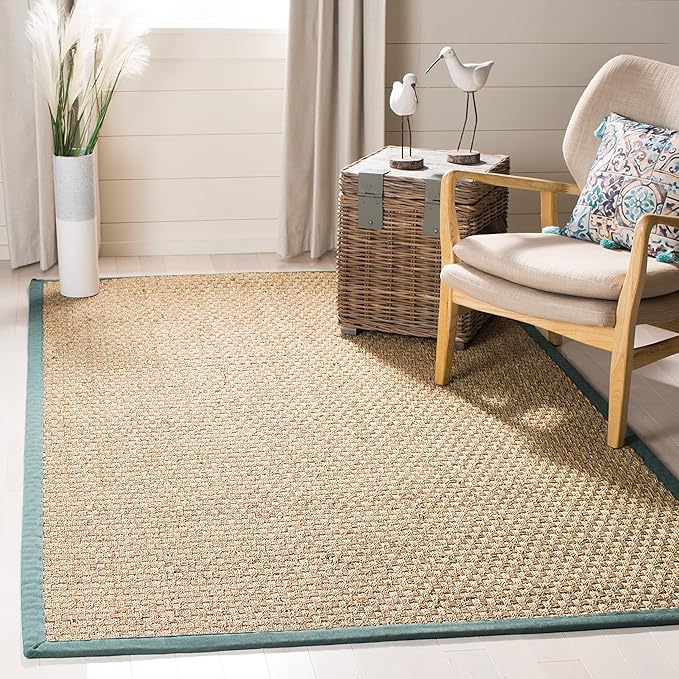 SAFAVIEH Area Rug 3x5 - Natural Fiber Collection - Natural & Light Blue, Seagrass, Basketweave Pattern with Border (NF114M)