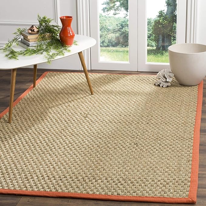 SAFAVIEH Area Rug 6' Square - Natural Fiber Collection - Natural & Rust, Seagrass, Basketweave Pattern with Border (NF114Y)
