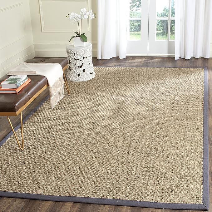 SAFAVIEH Area Rug 6' Square - Natural Fiber Collection - Natural & Dark Grey, Seagrass, Basketweave Pattern with Border (NF114Q)