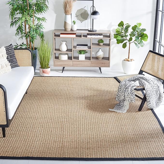 SAFAVIEH Area Rug 11x15 - Natural Fiber Collection - Large - Natural & Black, Seagrass, Basketweave Pattern with Border (NF114C)