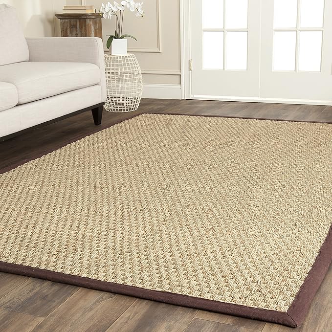 SAFAVIEH Area Rug 6x9 - Natural Fiber Collection - Natural & Dark Brown, Seagrass, Basketweave Pattern with Border (NF114K)