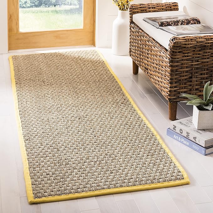 SAFAVIEH Natural Fiber Collection Runner Rug - 2'6" x 10', Natural & Gold, Seagrass, Basketweave Pattern with Border (NF114X)