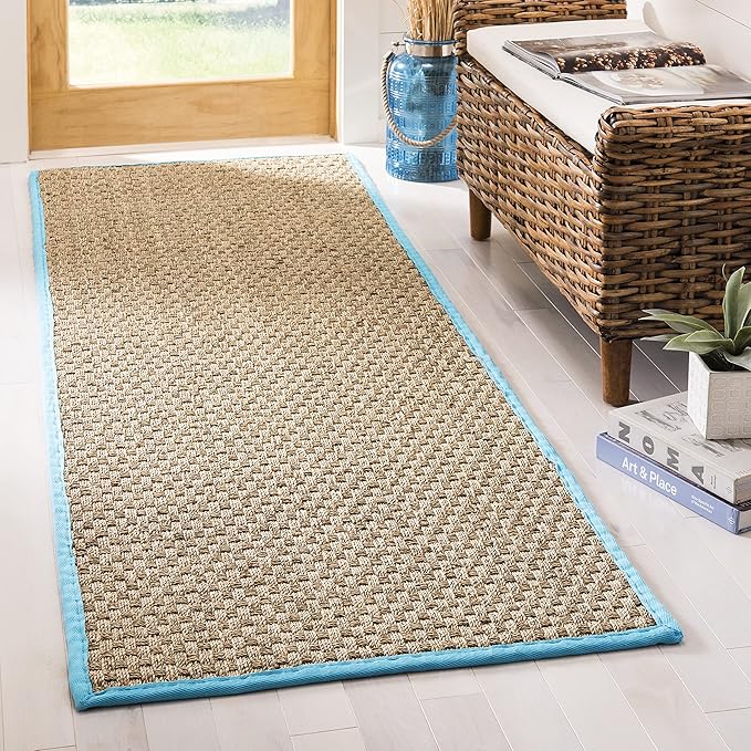 SAFAVIEH Natural Fiber Collection Runner Rug - 2'6" x 8', Natural & Turquoise, Seagrass, Basketweave Pattern with Border (NF114S)