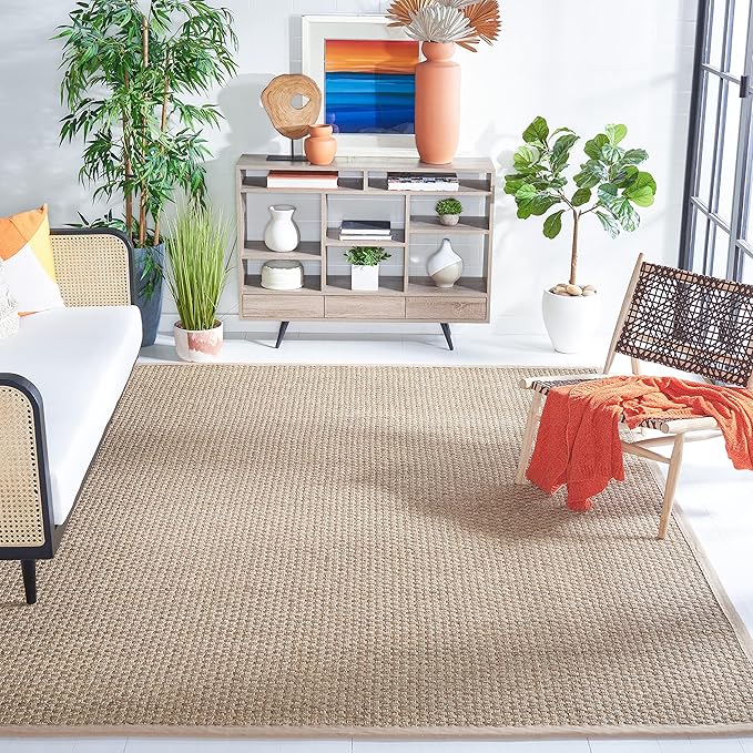 SAFAVIEH Area Rug 7' Square - Natural Fiber Collection - Natural & Beige, Seagrass, Basketweave Pattern with Border (NF114A)