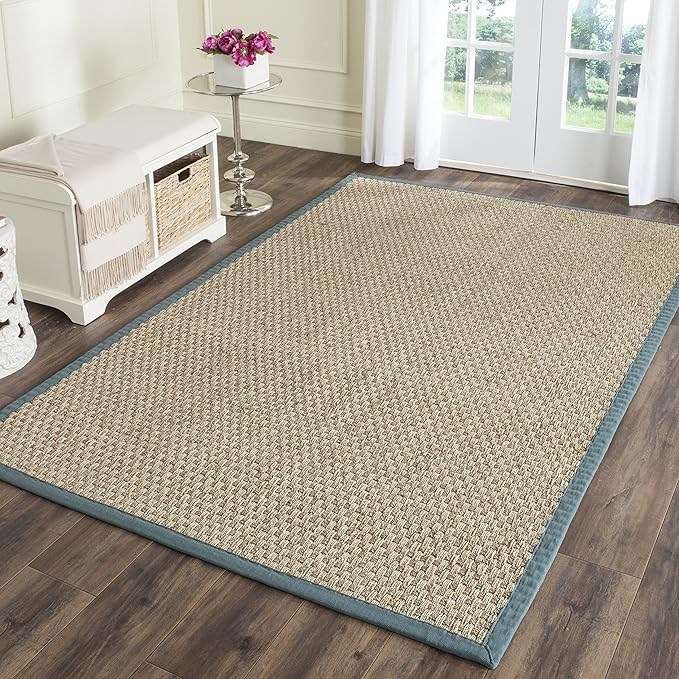 SAFAVIEH Area Rug 6x9 - Natural Fiber Collection - Natural & Light Blue, Seagrass, Basketweave Pattern with Border (NF114M)