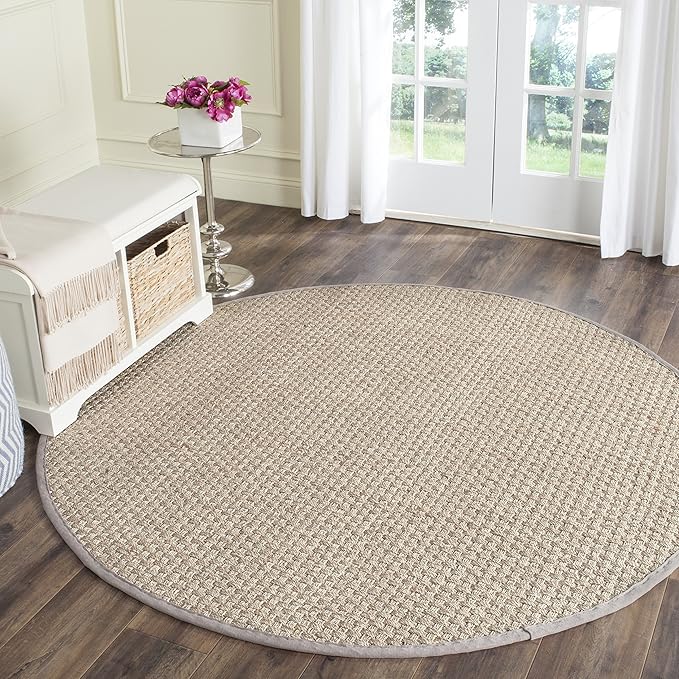 SAFAVIEH Area Rug 9' Round - Natural Fiber Collection - Natural & Grey, Seagrass, Basketweave Pattern with Border (NF114P)