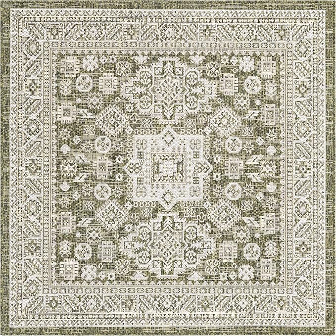 Rugs.com Outdoor Aztec Collection Rug – 5 Ft Square Green Flatweave Rug Perfect for Living Rooms, Kitchens, Entryways