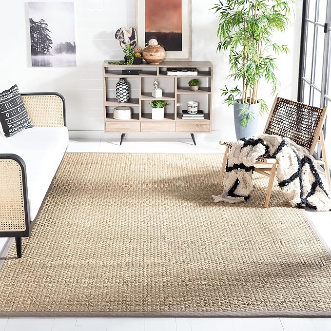 SAFAVIEH Area Rug 8' Square - Natural Fiber Collection - Natural & Grey, Seagrass, Basketweave Pattern with Border (NF114P)