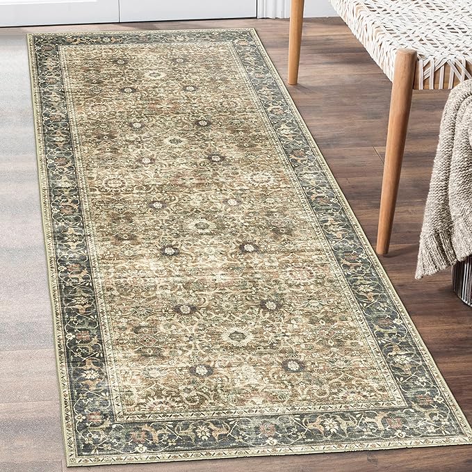 ReaLife Rugs Machine Washable Area Rug - Living Room Bedroom Bathroom Kitchen Entryway Office - Padded Low Pile Stain Resistant Premium - Boho Farmhouse Vintage - Dua - Brown Gray Beige 2'6" x 8'