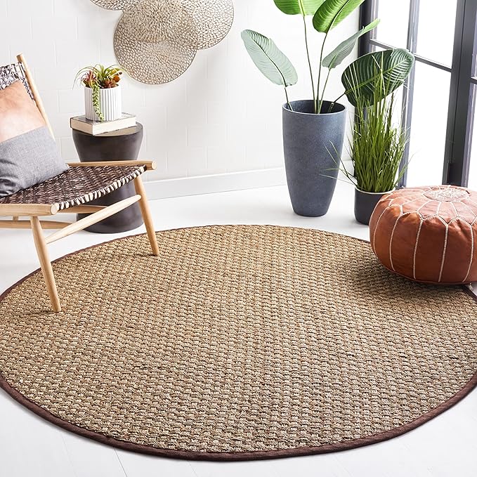 SAFAVIEH Area Rug 8' Round - Natural Fiber Collection - Natural & Dark Brown, Seagrass, Basketweave Pattern with Border (NF114K)