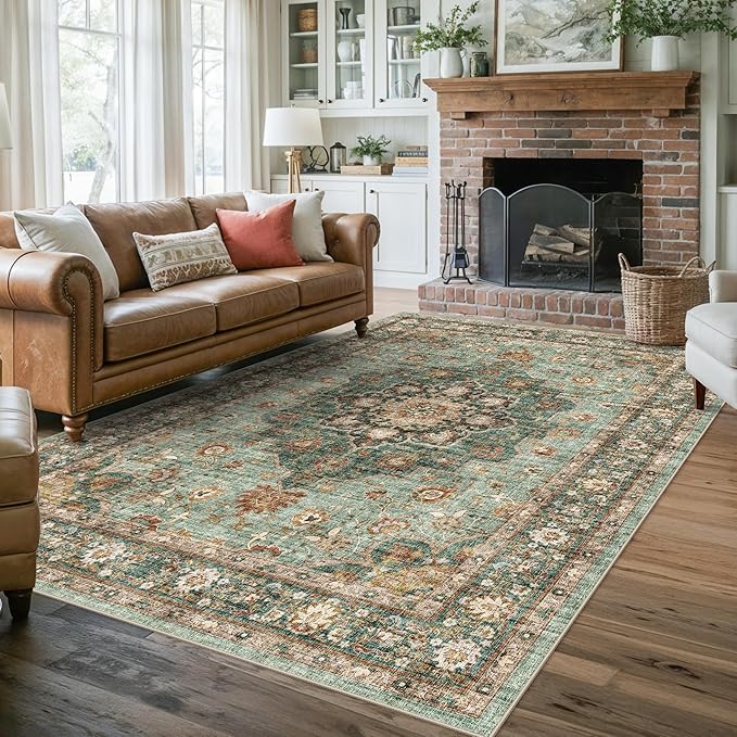 Washable Oriental Area Rug - 6x9 Rugs for Living Room Soft Carpet for Bedroom Waterproof Floral Distressed Indoor Stain Resistant Non-Shedding Floor Carpets (Green, 6x9)