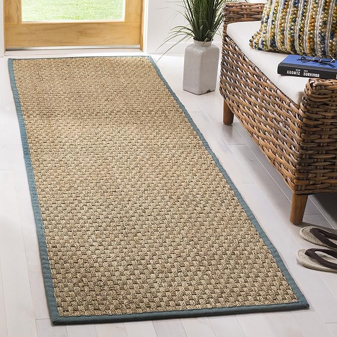SAFAVIEH Natural Fiber Collection Runner Rug - 2'6" x 14', Natural & Light Blue, Seagrass, Basketweave Pattern with Border (NF114M)