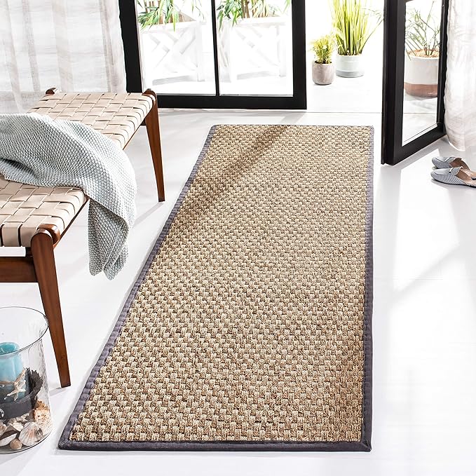 SAFAVIEH Natural Fiber Collection Runner Rug - 2'6" x 6', Natural & Dark Grey, Seagrass, Basketweave Pattern with Border (NF114Q)