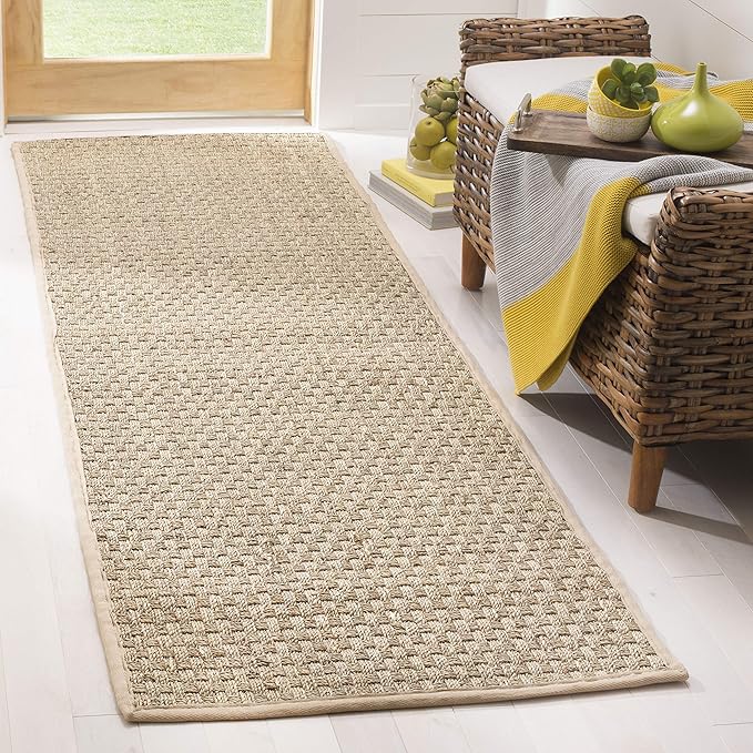 SAFAVIEH Natural Fiber Collection Runner Rug - 2'6" x 22', Natural & Beige, Seagrass, Basketweave Pattern with Border (NF114A)