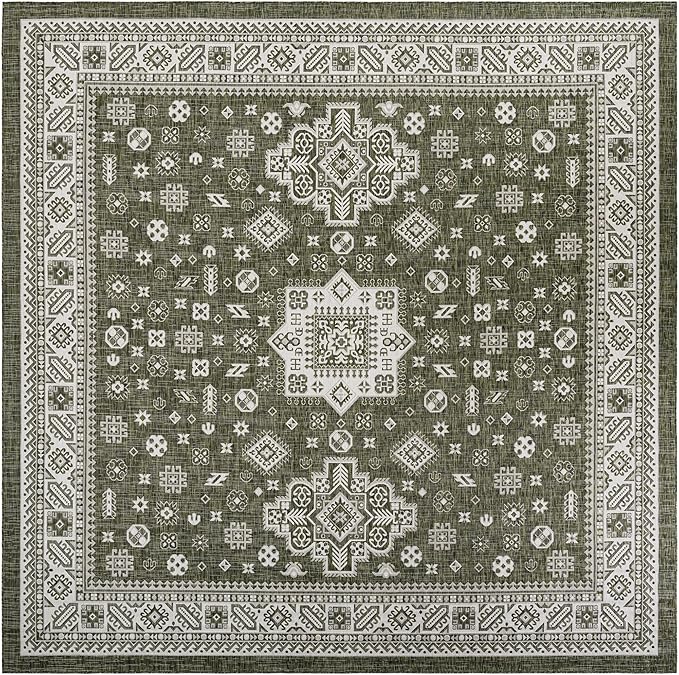 Rugs.com Outdoor Aztec Collection Rug – 13 Ft Square Green Flatweave-Pile Rug Perfect for Living Rooms, Kitchens, Entryways