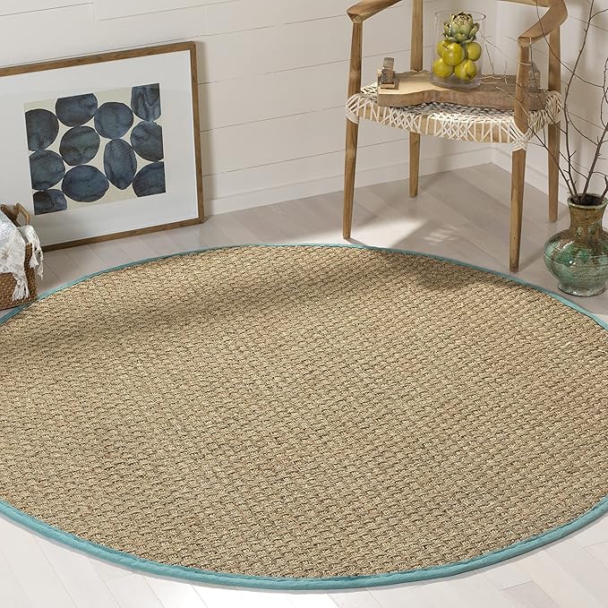 SAFAVIEH Area Rug 4' Round - Natural Fiber Collection - Natural & Teal, Seagrass, Basketweave Pattern with Border (NF114R)
