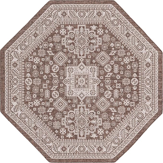 Rugs.com Outdoor Aztec Collection Rug – 8 Ft Octagon Brown Flatweave Rug Perfect for Living Rooms, Kitchens, Entryways
