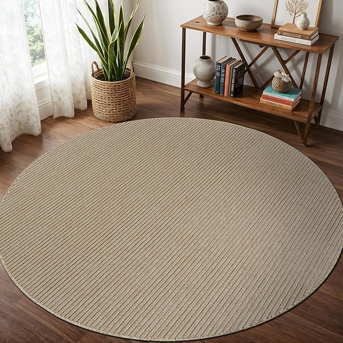 Beverly Rug Non-Slip Modern Rug 4 Round Solid Traditional Rubber Backing Machine Washable Soft Thin Indoor Area Rugs for Living Room Stain Resistant Non Shedding Casual Carpet (4 Round Beige)