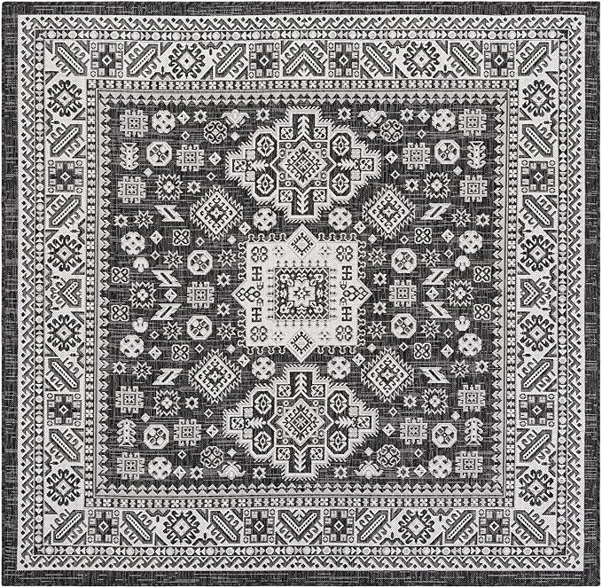 Rugs.com Outdoor Aztec Collection Rug – 6 Ft Square Charcoal Gray Flatweave-Pile Rug Perfect for Living Rooms, Kitchens, Entryways