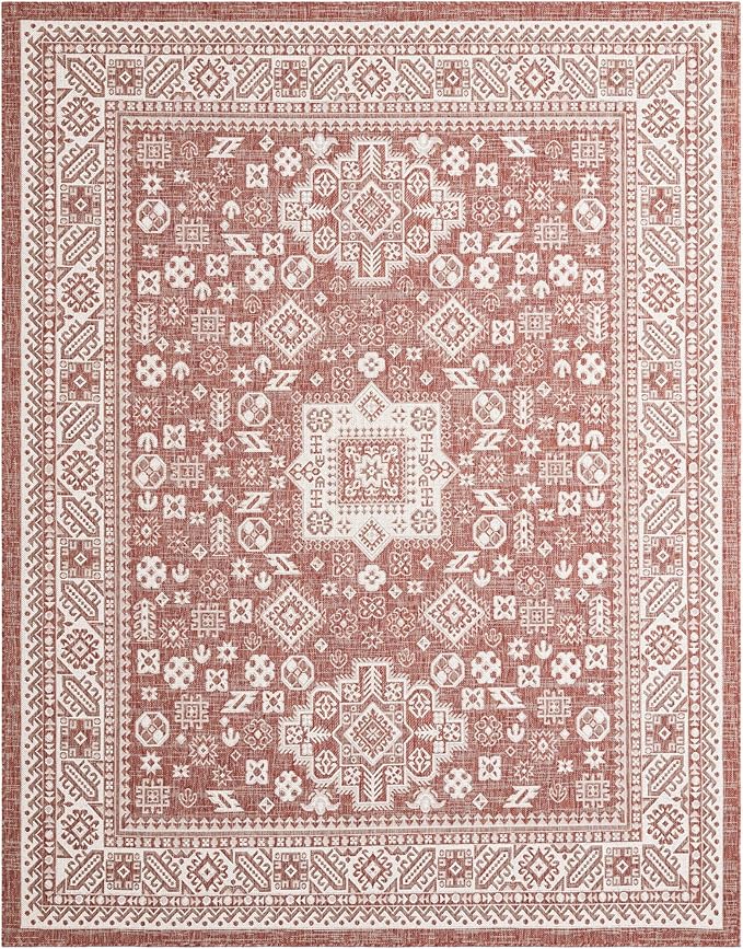 Rugs.com Outdoor Aztec Collection Rug – 8x10 Rust Red Flatweave-Pile Rug Perfect for Living Rooms, Large Dining Rooms, Open Floorplans