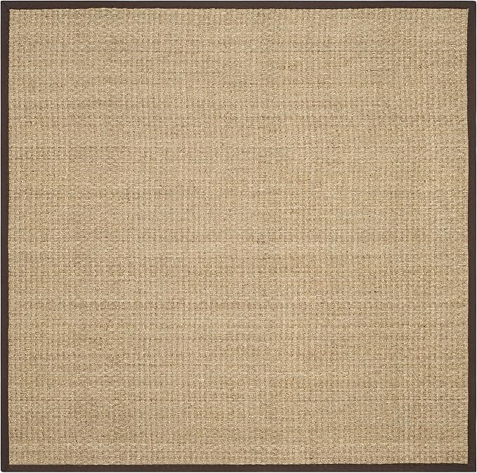 SAFAVIEH Area Rug 6' Square - Natural Fiber Collection - Natural & Dark Brown, Seagrass, Basketweave Pattern with Border (NF114K)