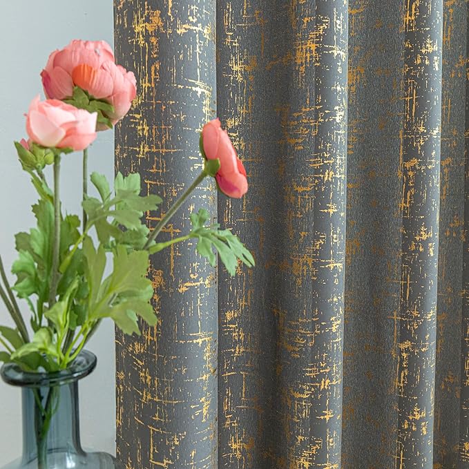 Taisier Home Gold Foil Print Linen Textured Curtains - Geometric Dots Pattern for Nursery Toy Room - Thermal Insulated Window Treatment 2 Panels 54" L, Dark Grey and Gold