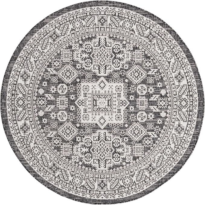 Rugs.com Outdoor Aztec Collection Rug – 5 Ft Round Charcoal Gray Flatweave Rug Perfect for Kitchens, Dining Rooms