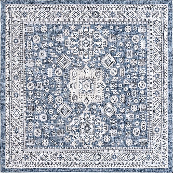 Rugs.com Outdoor Aztec Collection Rug – 10 Ft Square Blue Flatweave Rug Perfect for Living Rooms, Kitchens, Entryways