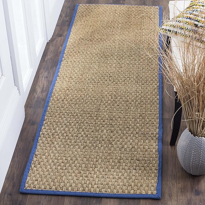 SAFAVIEH Natural Fiber Collection Runner Rug - 2'6" x 12', Natural & Navy, Seagrass, Basketweave Pattern with Border (NF114T)