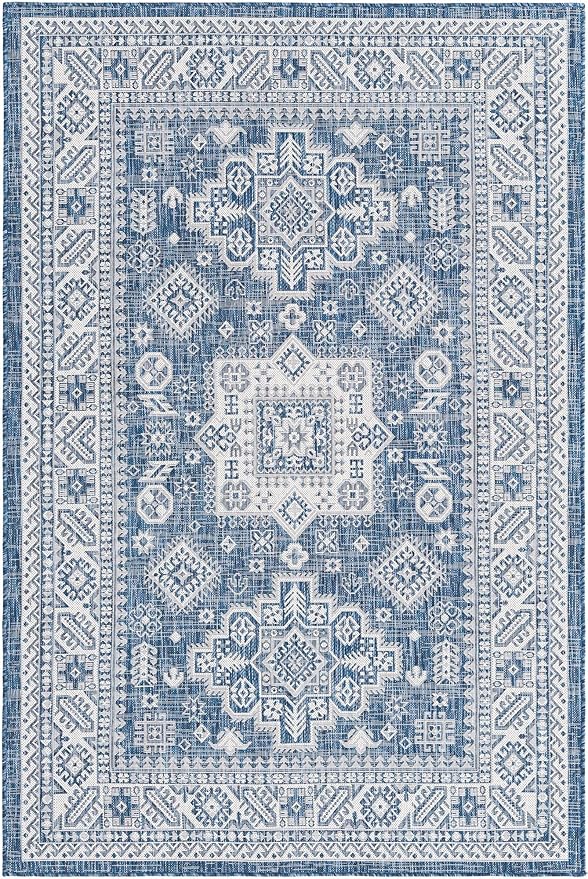 Rugs.com Outdoor Aztec Collection Rug – 5' x 8' Blue Flatweave Rug Perfect for Living Rooms, Large Dining Rooms, Open Floorplans