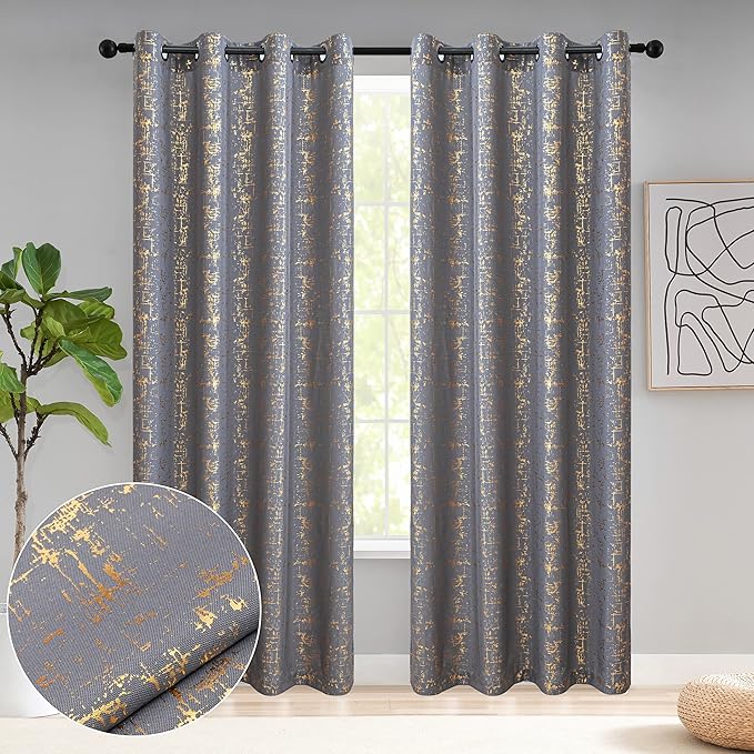 Taisier Home Gold Foil Print Linen Textured Curtains - Geometric Dots Pattern Design for Bedroom & Living Room - Thermal Insulated Window Treatment, 2 Panels, 95" L, Soft Grey and Gold