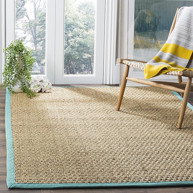 SAFAVIEH Area Rug 6x9 - Natural Fiber Collection - Natural & Teal, Seagrass, Basketweave Pattern with Border (NF114R)