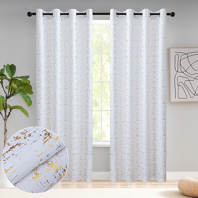 Taisier Home Gold Foil Print Linen Textured Curtains - Geometric Dots Pattern Design for Bedroom & Living Room - Thermal Insulated Window Treatment, 2 Panels, 84" L, White and Gold
