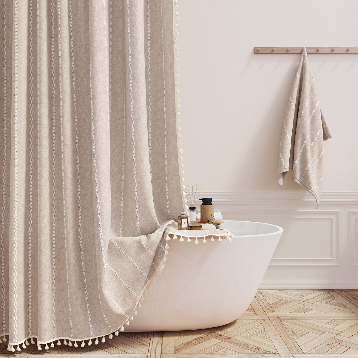 BTTN 72x96 Extra Long Boho Linen Heavy Duty Shower Curtain Set, Tan/Taupe