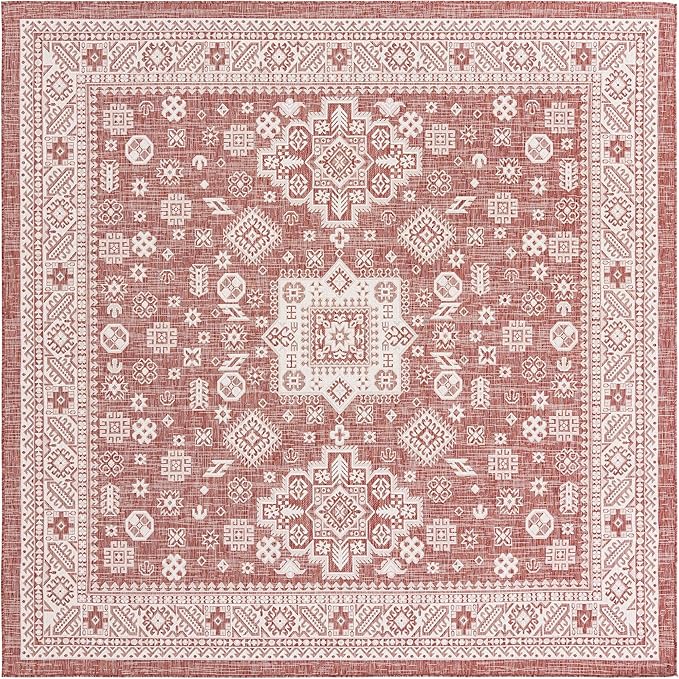 Rugs.com Outdoor Aztec Collection Rug – 10 Ft Square Rust Red Flatweave Rug Perfect for Living Rooms, Kitchens, Entryways
