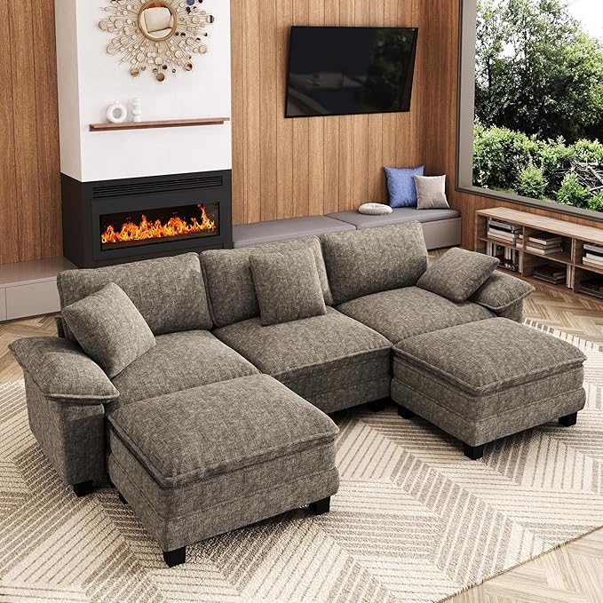 123-Inch U Shaped Sectional Sofa with Cloud Cushions, Deep Seat Modular Couch Set w/ 5 Seats & 2 Ottomans, Removable Arms, Plush Chenille Upholstery for Living Room, Apartment - Smoky Gray