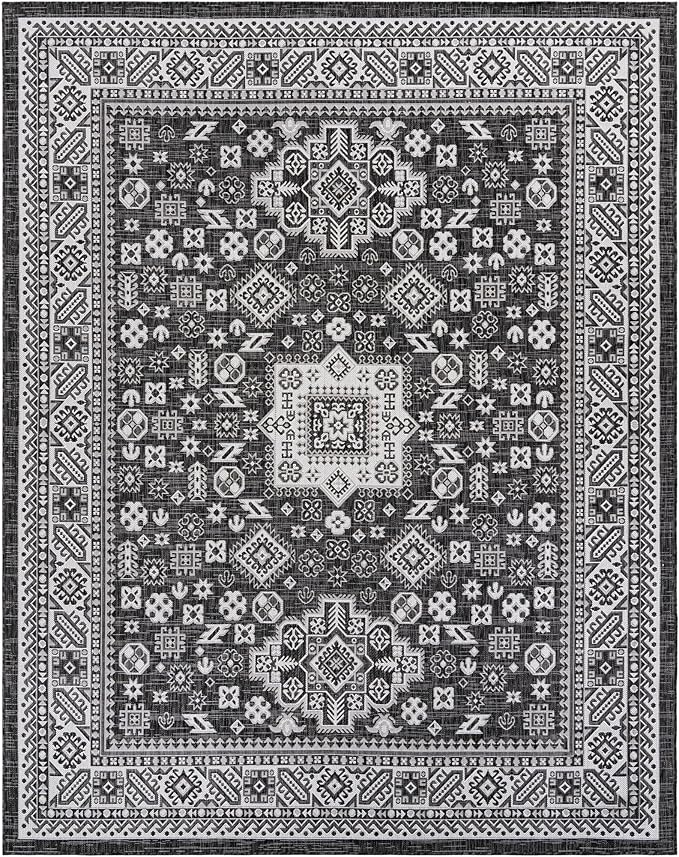 Rugs.com Outdoor Aztec Collection Rug – 8x10 Charcoal Gray Flatweave-Pile Rug Perfect for Living Rooms, Large Dining Rooms, Open Floorplans