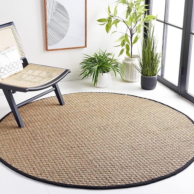 Safavieh Area Rug 7' Round - Natural Fiber Collection - Natural & Black, Seagrass, Basketweave Pattern with Border (NF114C)