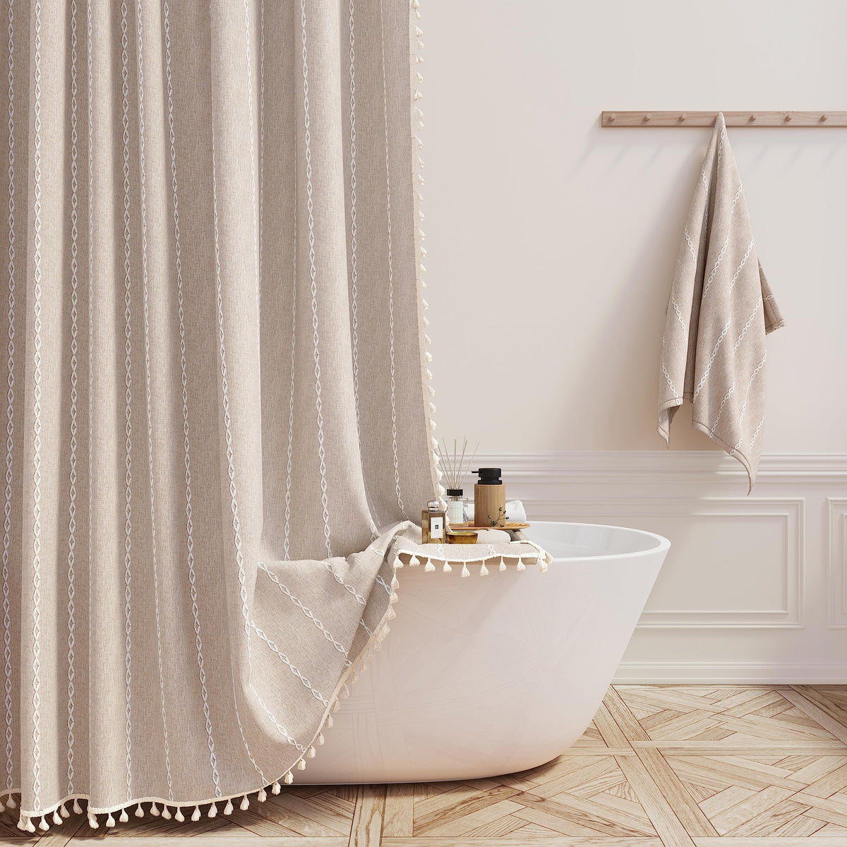 BTTN 72 x 80 Boho Linen Heavy Duty Cloth Shower Curtain Set, Tan/Taupe