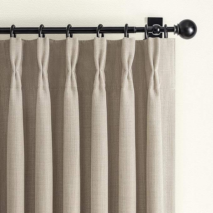 Blackout Memory Trained Pinch Pleated Curtains 84 Inch Length for Living Room, Country Taupe Natural Linen Thick Burlap Two Layer Heat Blocking Window Drapes for Bedroom 2 Panels Set 40"W x 84"L Birch
