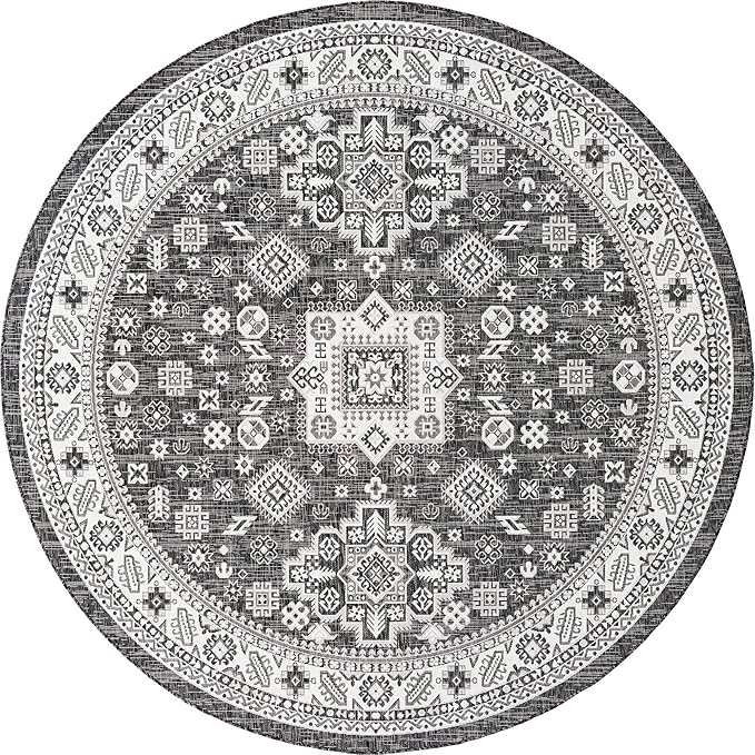Rugs.com Outdoor Aztec Collection Rug – 10 Ft Round Charcoal Gray Flatweave Rug Perfect for Kitchens, Dining Rooms
