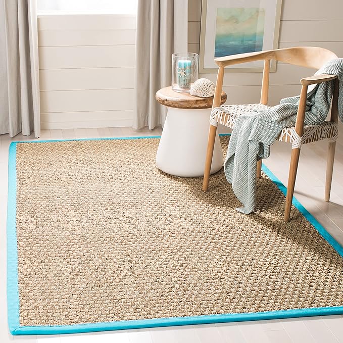 SAFAVIEH Area Rug 5x8 - Natural Fiber Collection - Natural & Turquoise, Seagrass, Basketweave Pattern with Border (NF114S)