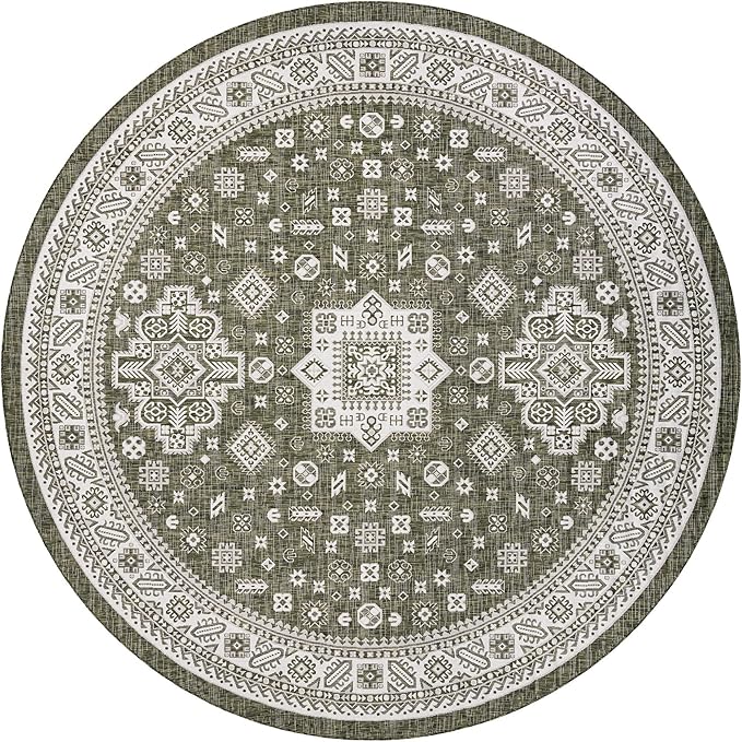 Rugs.com Outdoor Aztec Collection Rug – 13 Ft Round Green Flatweave-Pile Rug Perfect for Kitchens, Dining Rooms