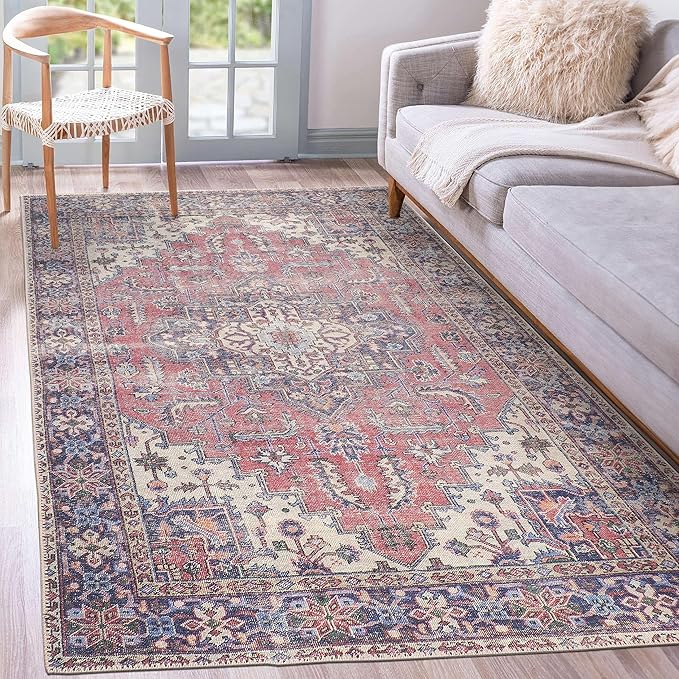 GLN Rugs Traditional Collection - Machine Washable Area Rug, Traditional Washable, Non Slip, Low Pile Chenille Rug, Living Room, Bedroom, Kitchen Rug (5'x7' Multi Blue)
